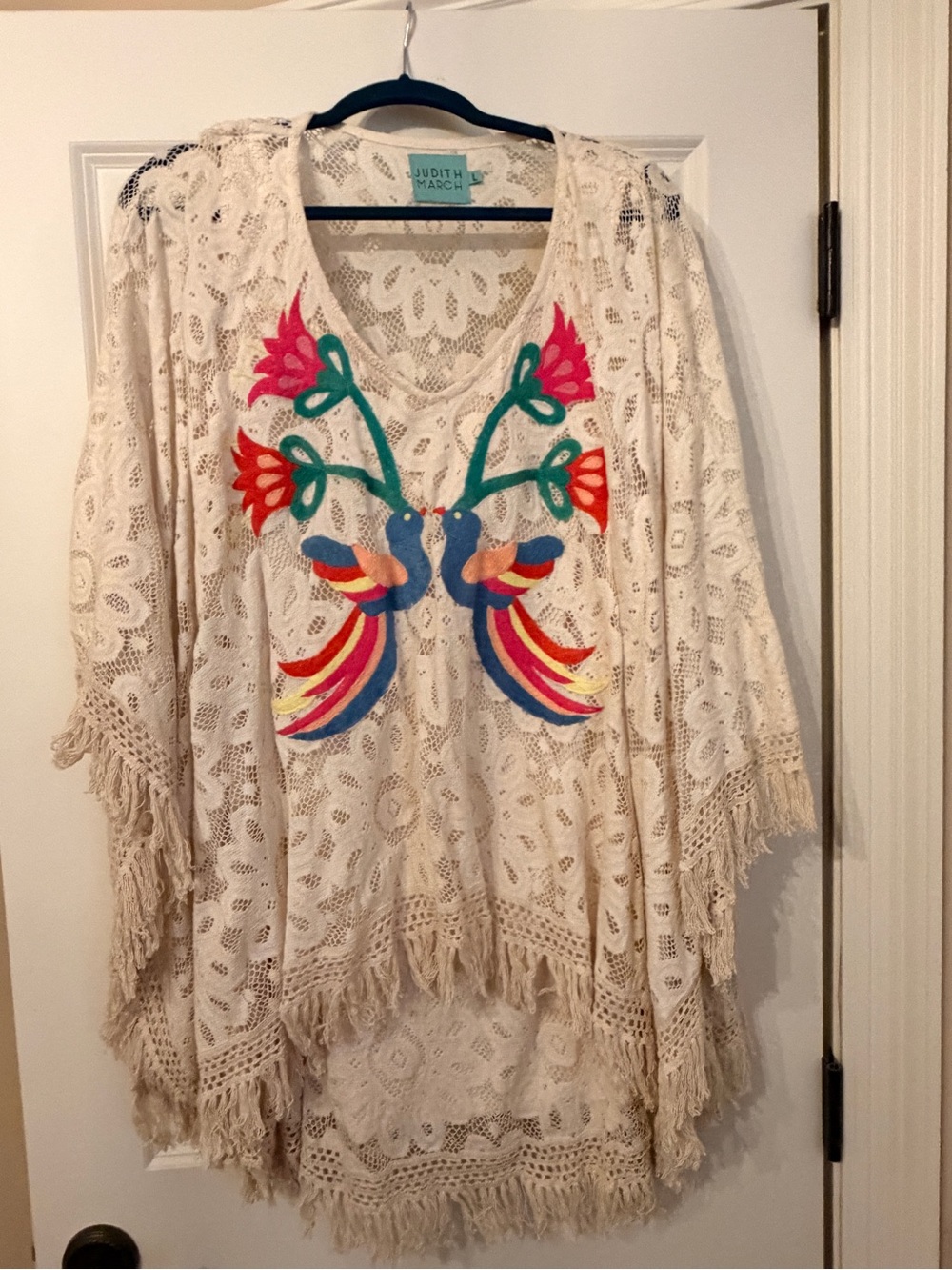 Judith March Cream Crochet Fringe dress with Multicolor Embroidered Birds